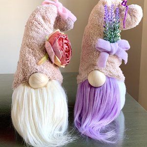 12 1/2" Lavender Flower or Pink Rose Spring Floral Wood Nose Plush Gnome New